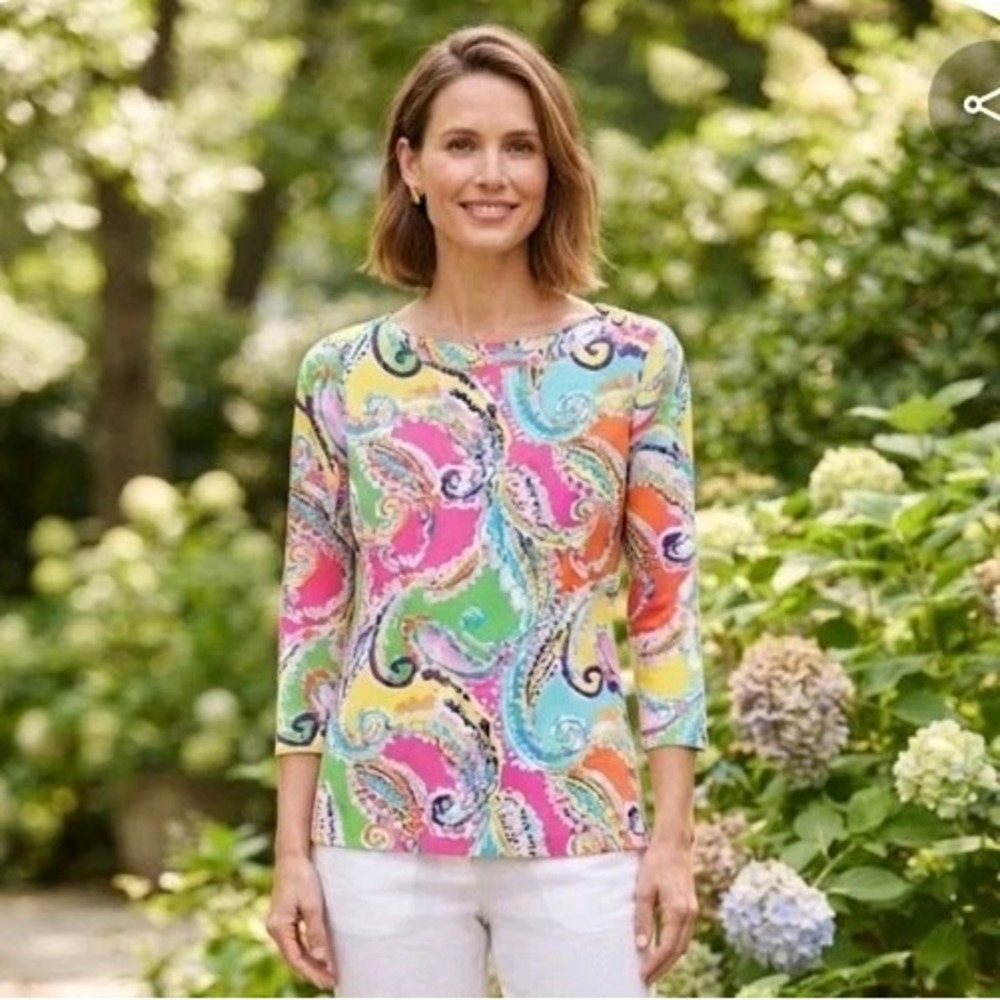 J.McLaughlin Women's Multicolored Paisley Print Boatneck 3/4 Sleeve Top Size L